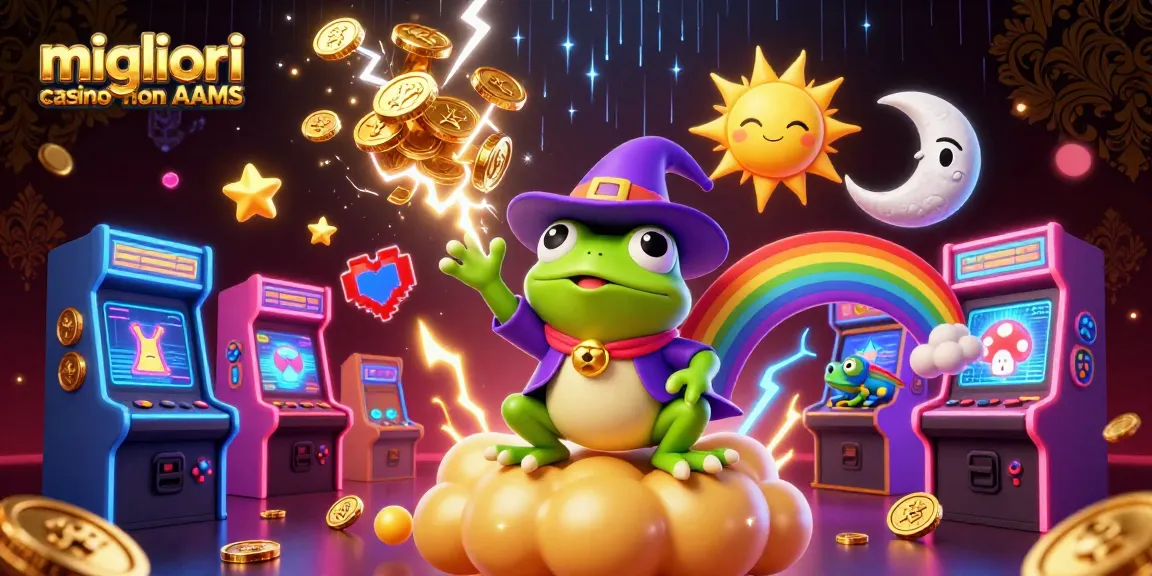 Migliori casino non AAMS: illustrazione 3D con un mago rana e un camaleonte che surfano su una nuvola d'oro.