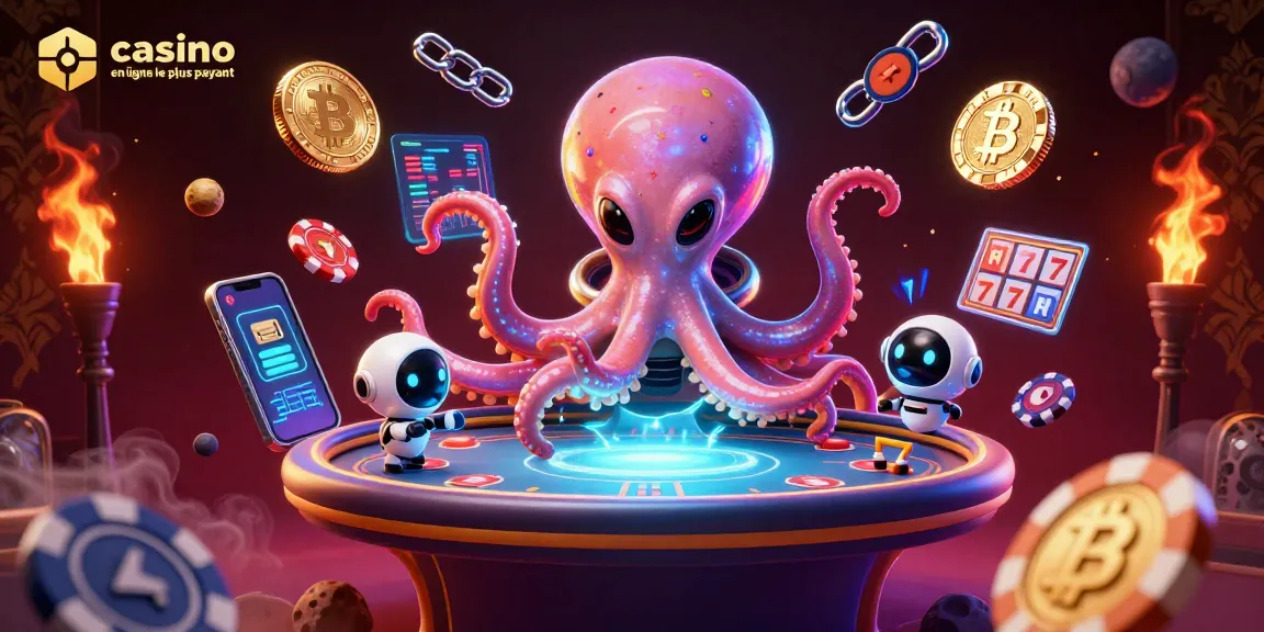 Casino en ligne le plus payant illustré par un octopus extraterrestre jouant au poker avec des jetons autour.