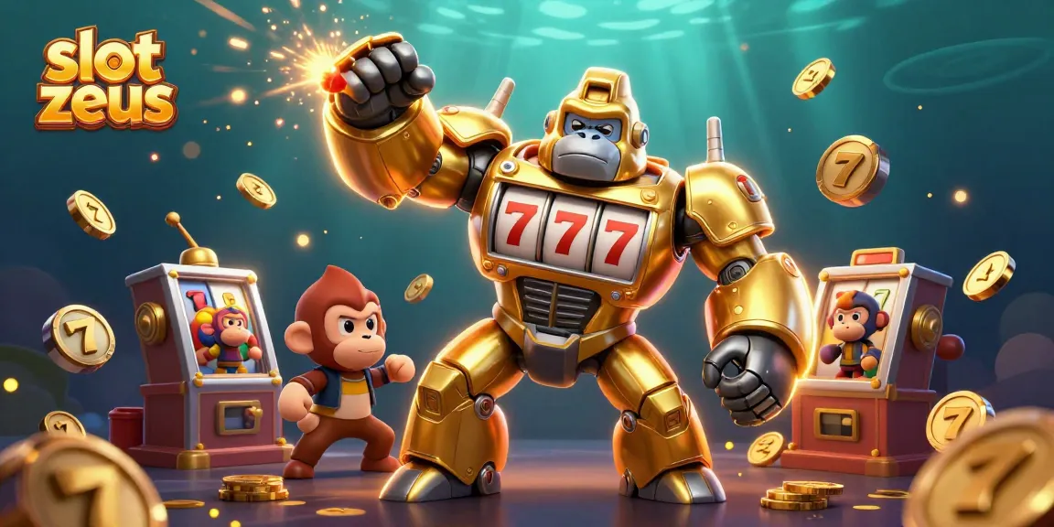 Engage with the slot zeus experience featuring a dynamic golden gorilla mech amidst spinning reels and jackpot elements.