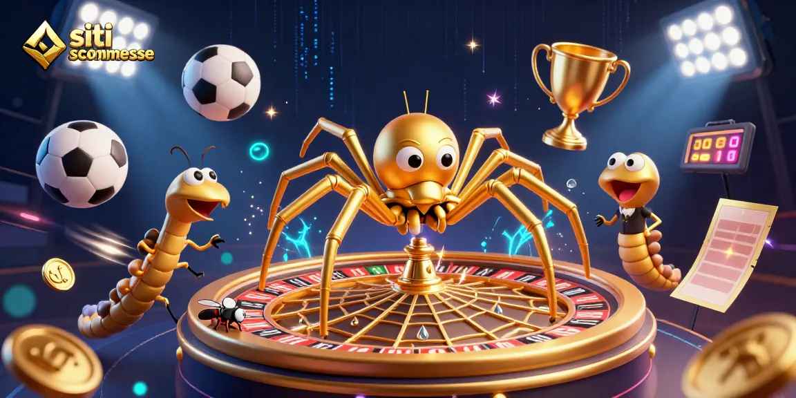 Siti scommesse: un ragno d'oro gira una ruota da gioco con palloni sportivi e effetti luminosi