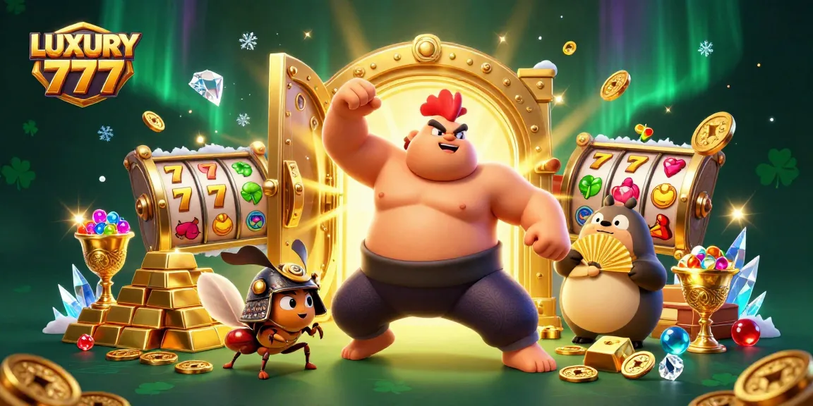 Menghentikan aksi LUXURY 777 dalam ilustrasi 3D yang menampilkan pejuang Sumo, dengan simbol slot dan harta karun di sekelilingnya.