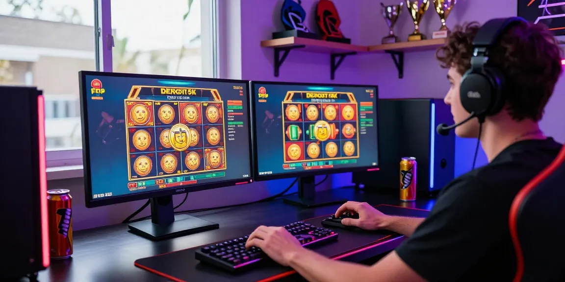 Engaged gamer at dual monitors playing slot deposit 5k games with vibrant LED lighting.