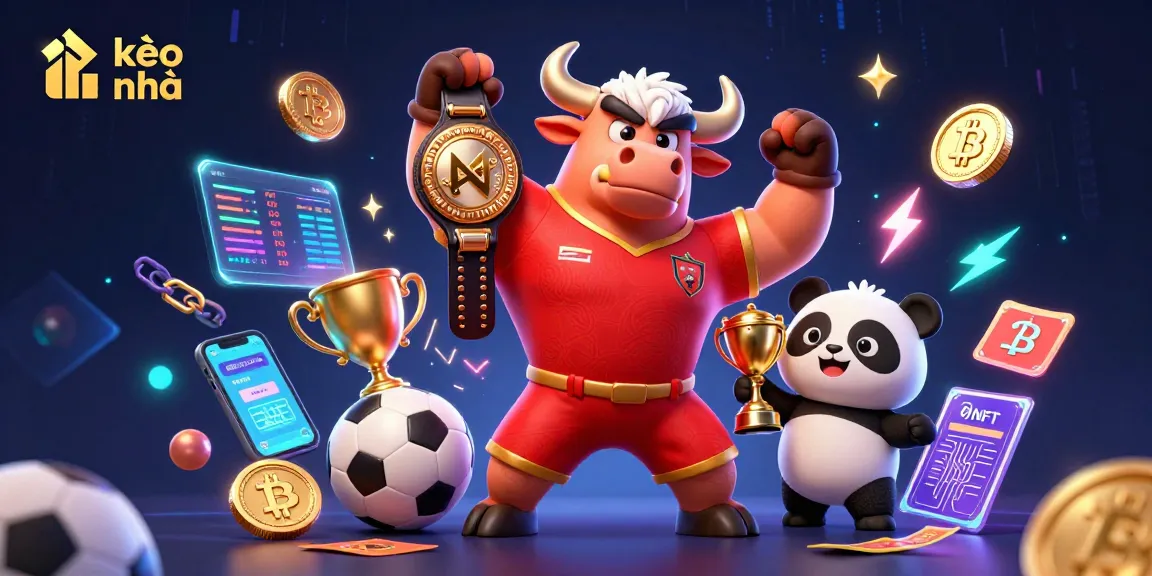 Bet on exciting kèo nhà cái opportunities featuring lively cartoon characters and cryptocurrency elements.