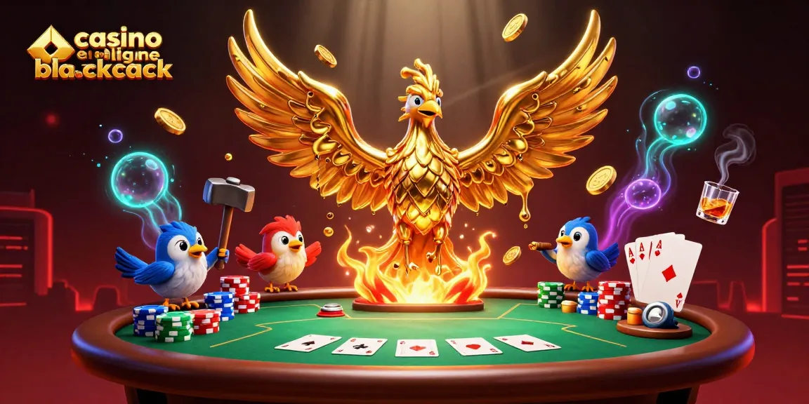 Jouez à casino en ligne blackjack avec un phénix doré et des éléments de poker animés.