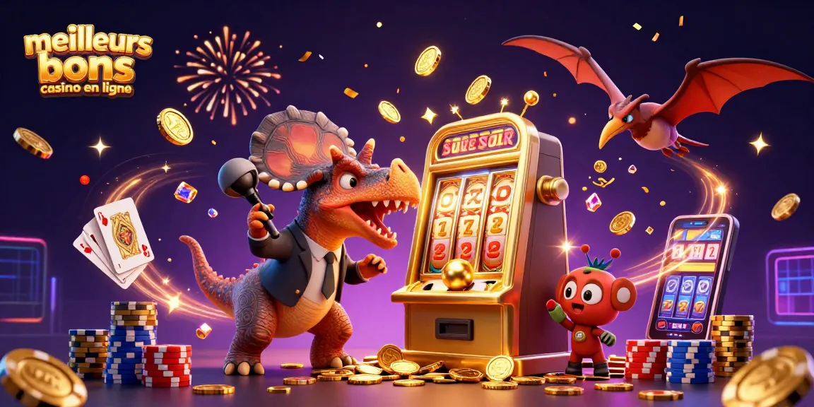Un pachycephalosaurus interagissant avec une machine à sous dorée pour les meilleurs bonus casino en ligne, tandis qu'un ankylosaure s'inquiète des pièces volantes.