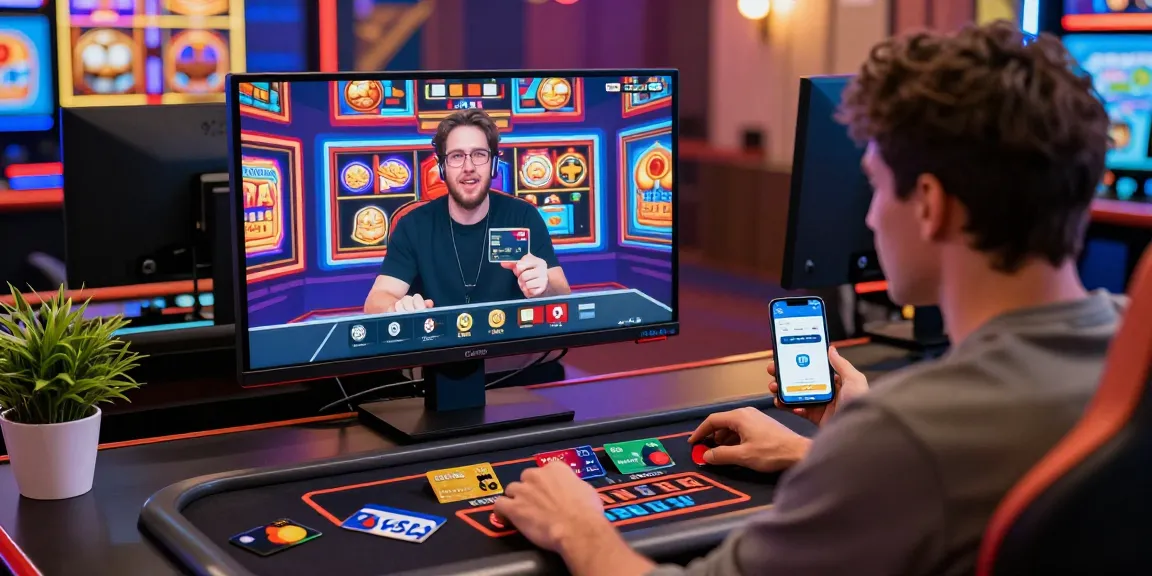 Exciting gaming atmosphere at credit card casinos with a player engaging with live dealer games and displayed credit cards.
