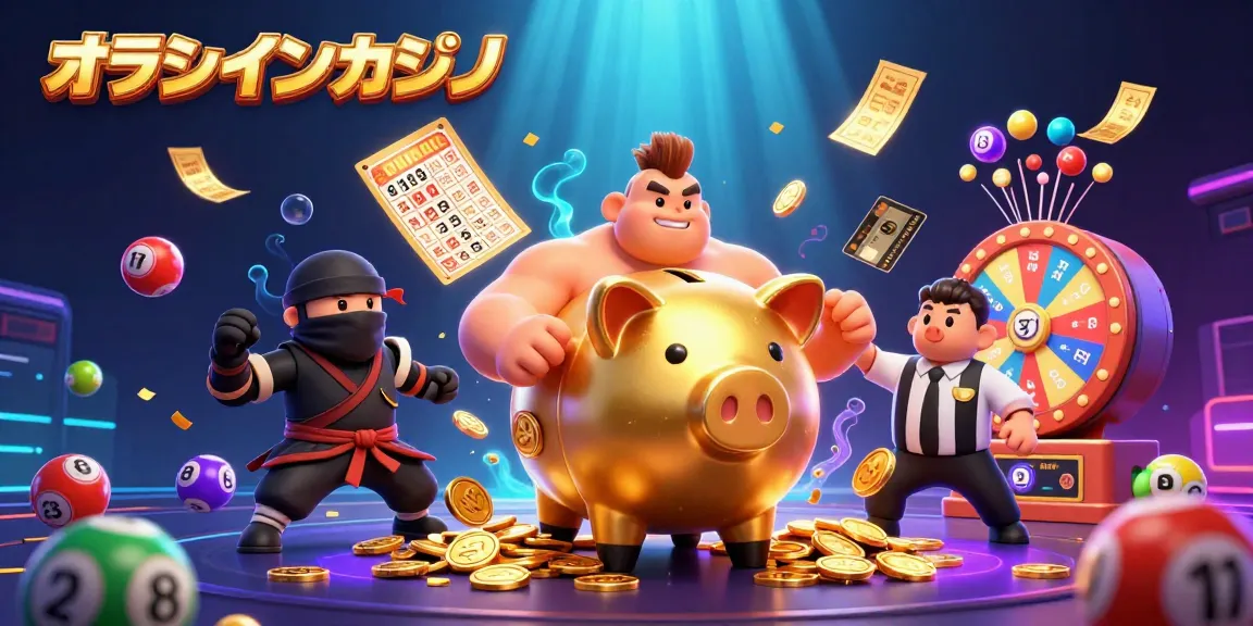 オンラインカジノのゲーム体験を盛り上げるイラスト、豚型の貯金箱と侍が共演。
