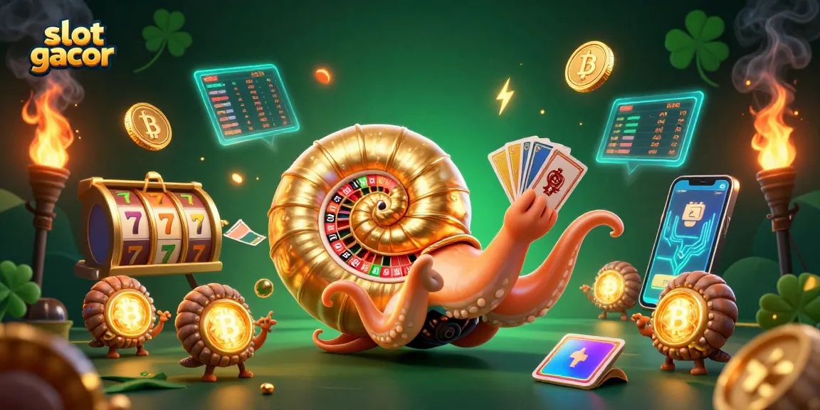Engage with slot gacor visuals showcasing a nautilus roulette, glowing coins, and vibrant game elements.