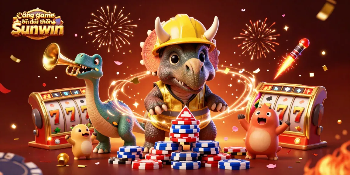 Cổng game bài đổi thưởng Sunwin offers dynamic gaming experience with cartoon characters celebrating around vibrant slot machines.