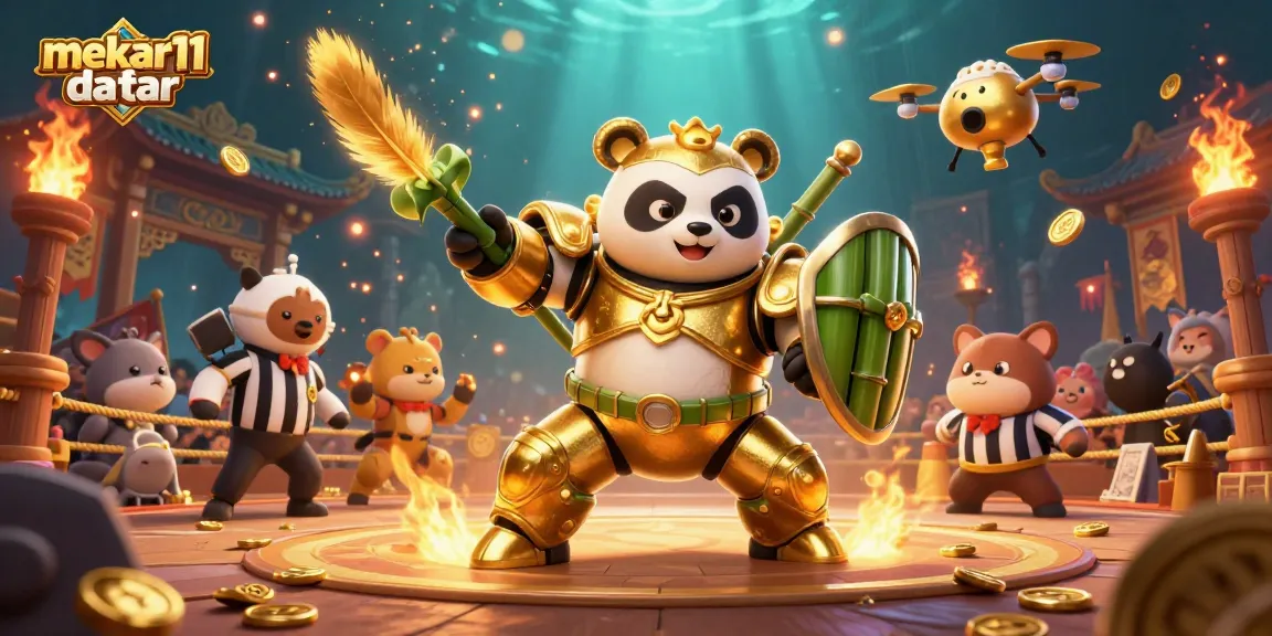 Mekar11 daftar showcases exciting betting against a vibrant 3D cartoon arena backdrop filled with golden tokens.