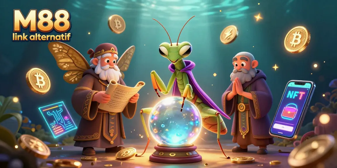 Experience the thrill of M88 link alternatif with vibrant 3D characters and crypto elements in a dynamic casino scene.