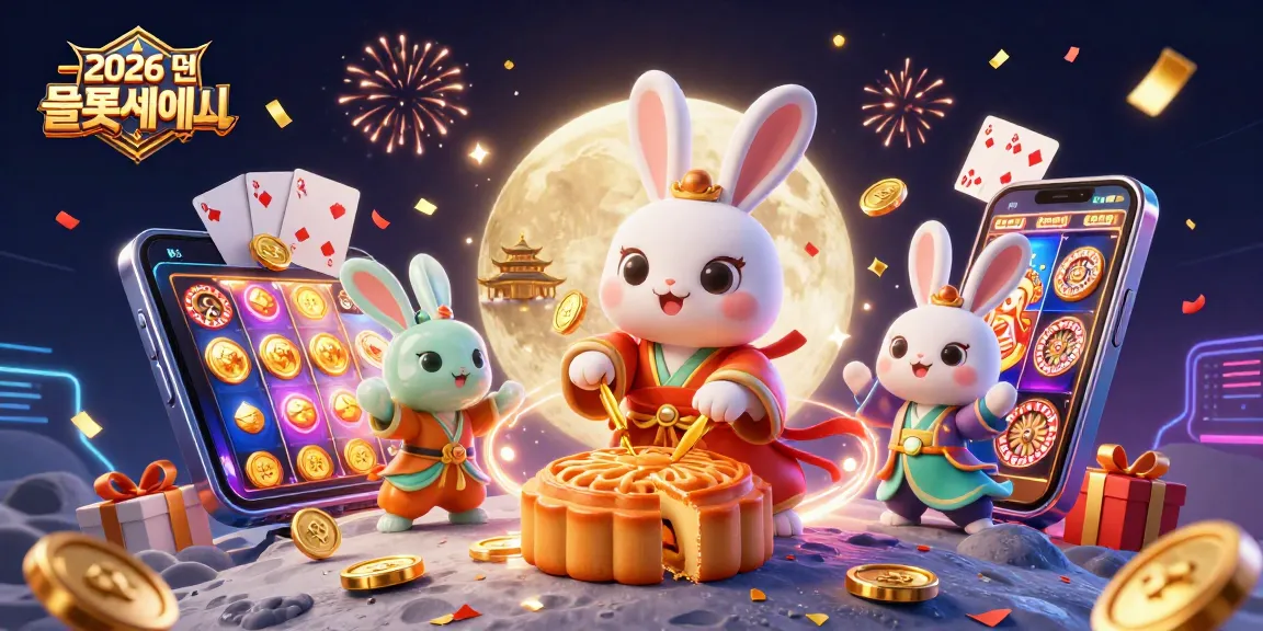 2026 년 슬롯사이트에서 슬롯 게임을 즐기는 3D 일러스트, 황금 모양의 찹쌀떡과 포커 칩으로 장식된 장면