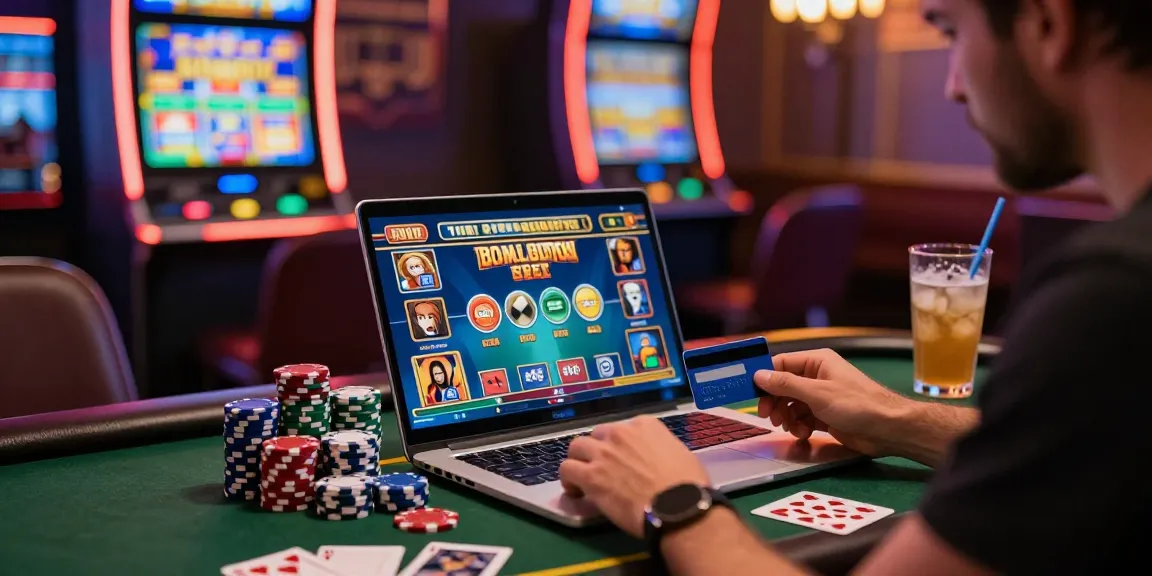 Exciting scene of a player using credit card casinos for online gambling with vibrant games and casino ambiance.