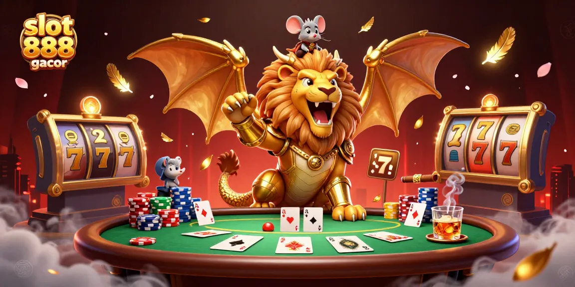 Spin the reels with slot 888 gacor featuring a chimera creature and poker elements for thrilling wins.