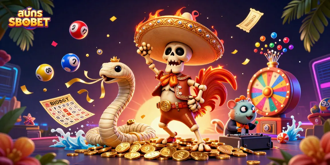 Join the fun and สมัคร SBOBET today to win exciting prizes with vibrant lottery elements and lively characters in this dynamic illustration.