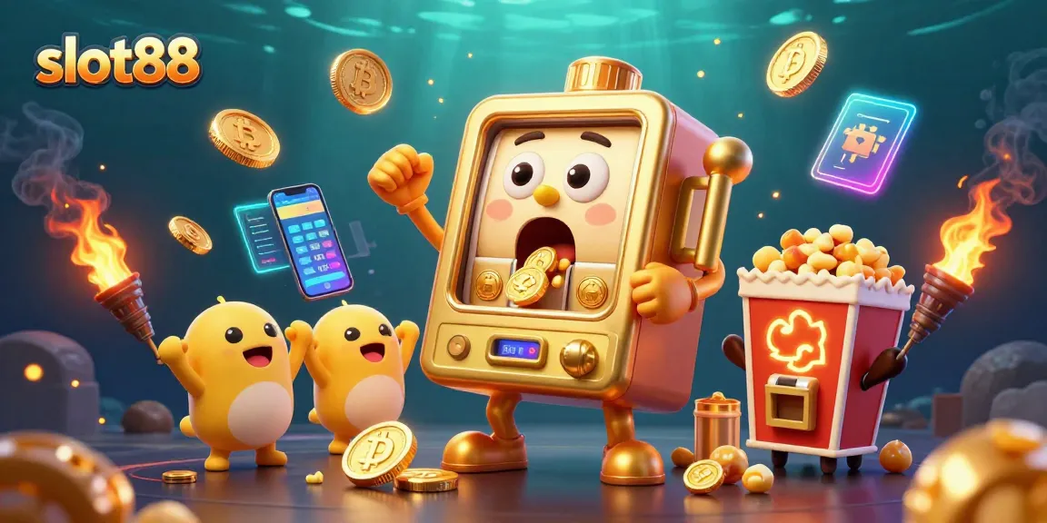 Experience the thrill of slot88 as a golden slot machine wins a jackpot, surrounded by coins and cheering machines.