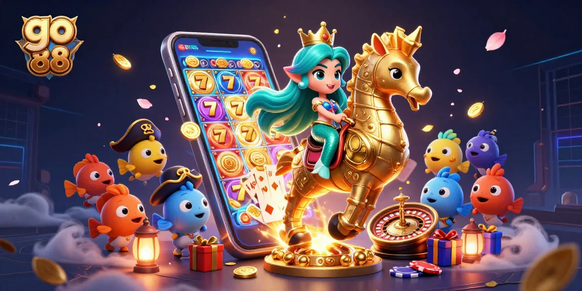 Experience the vibrant world of go 88 with a colorful casino-themed scene featuring a mermaid and seahorse.