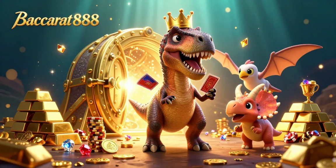 Experience Baccarat888 with a friendly T-Rex shuffling cards, golden chips stacked high in a vibrant casino atmosphere.