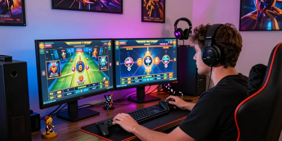 Engaged player enjoying rokok88 slot game with vibrant visuals in a dynamic home gaming setup.