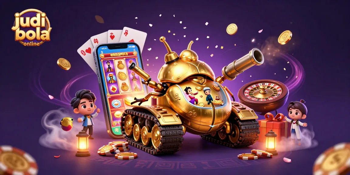 Runtime a winning strategy for judi bola online with colorful casino elements and a golden beetle tank illustration.