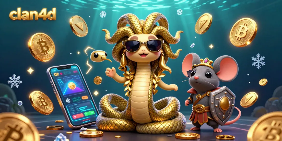 Engage with clan4d's friendly Medusa and warrior mouse in a vibrant casino scene filled with crypto coins and gaming excitement.