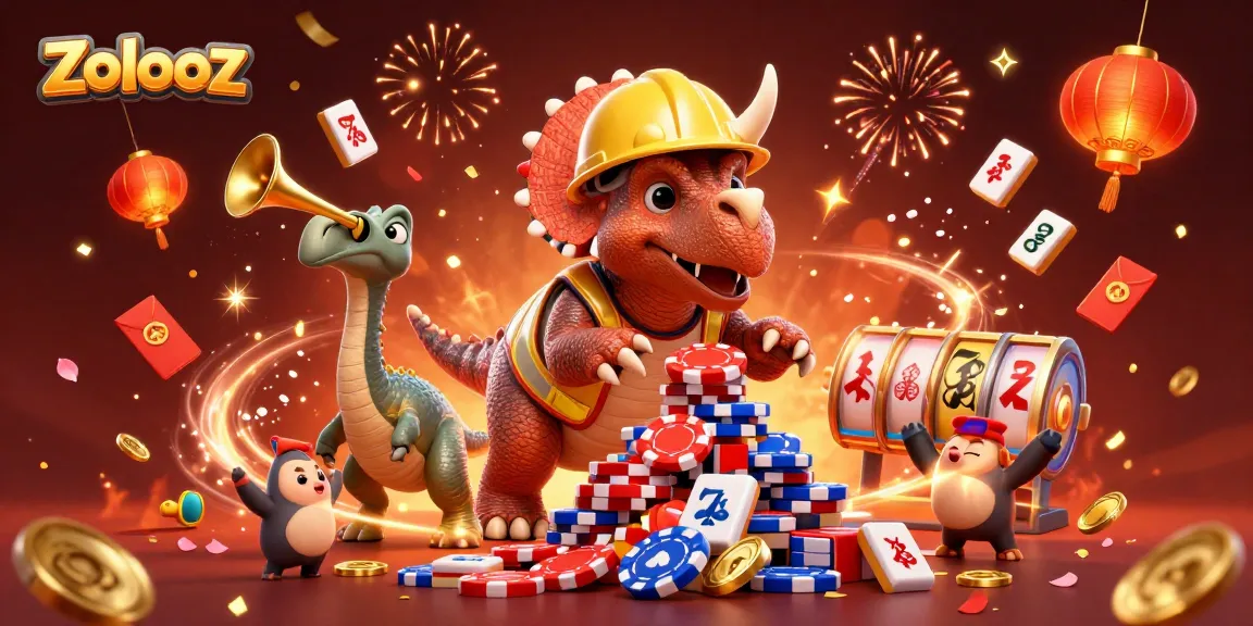 Zolooz showcases an exciting scene with a triceratops building poker chips amidst colorful slot elements.