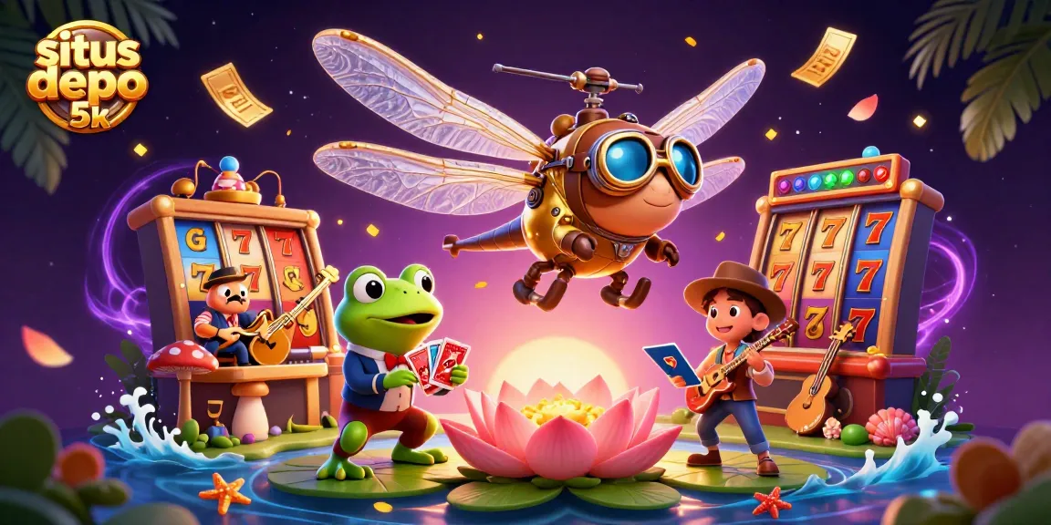 Play exciting games at situs depo 5k with a vibrant casino scene featuring animated characters and dynamic elements.